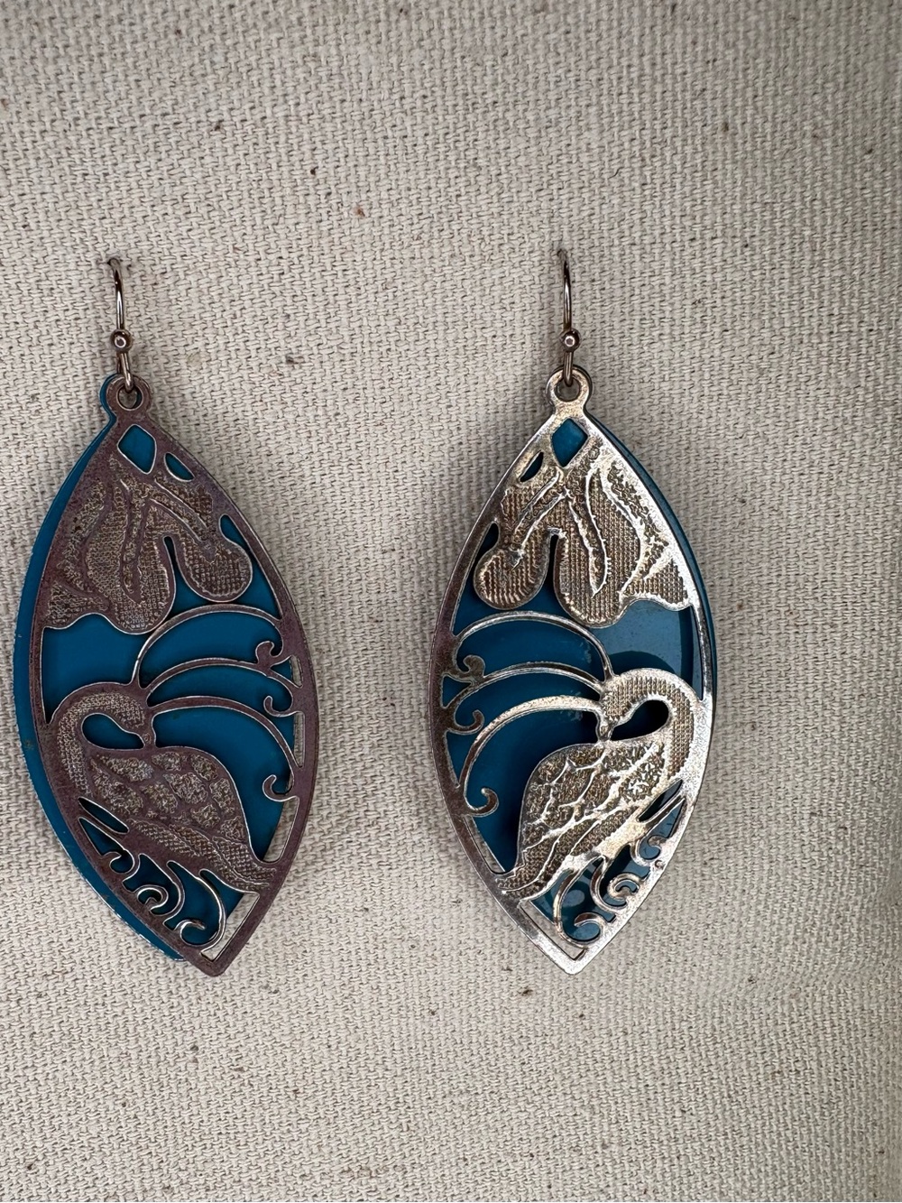 Silver Tone Cutout Peacock over Pinched Oval Teal Earrings - Picture 2 of 4